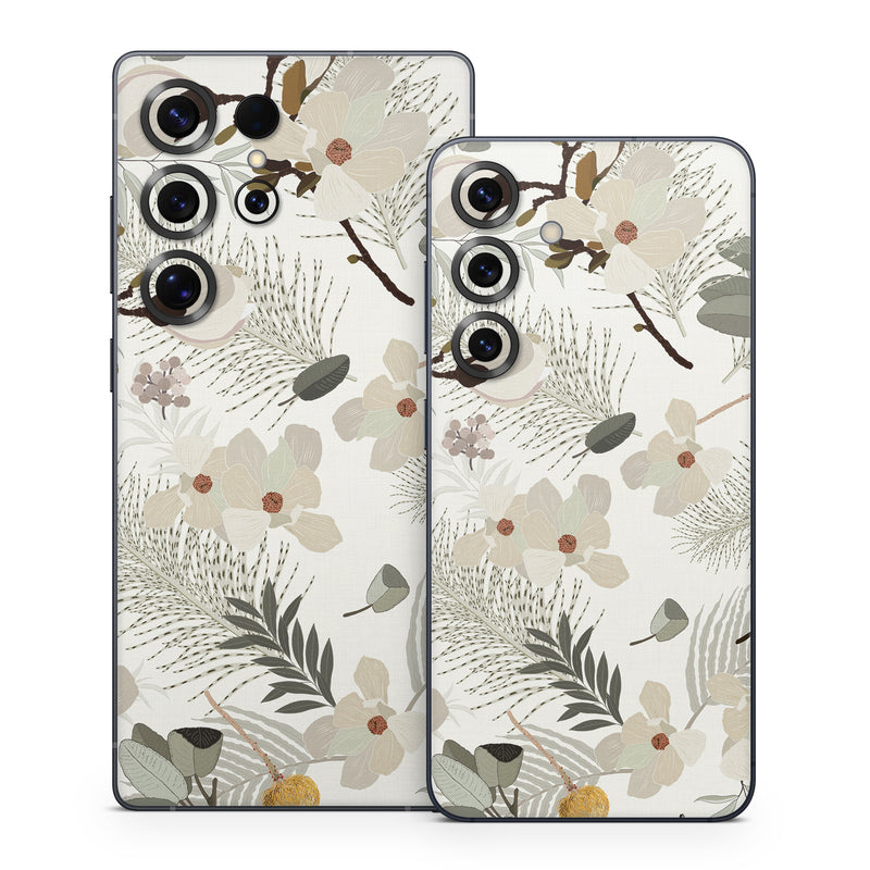 Samsung Galaxy S25 Series Skin design of Branch, Botany, Twig, Plant, Textile, Organism, Art, Creative arts, Pattern, Tints and shades, with white, green, yellow, brown, gray colors