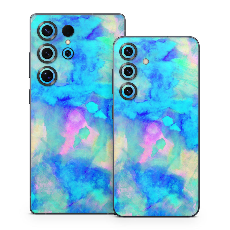Samsung Galaxy S25 Series Skin design of Blue, Turquoise, Aqua, Pattern, Dye, Design, Sky, Electric blue, Art, Watercolor paint, with blue, purple colors