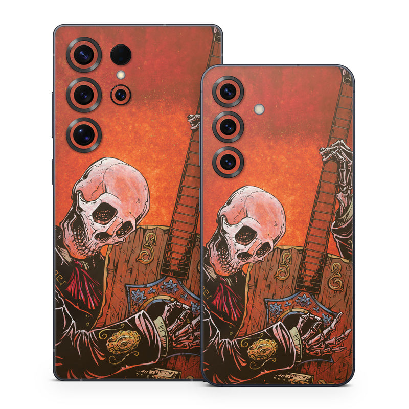Samsung Galaxy S25 Series Skin design of Sleeve, Art, Painting, Personal protective equipment, Artist, Music, Font, Visual arts, Drawing, Skull, with white, black, gray, brown, orange, yellow, red colors