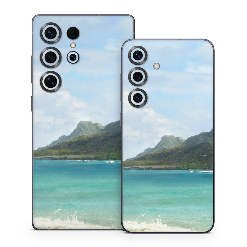 Samsung Galaxy S25 Series Skin design of Body of water, Tropics, Nature, Natural landscape, Shore, Coast, Caribbean, Sea, Tree, Beach, with gray, black, blue, green colors