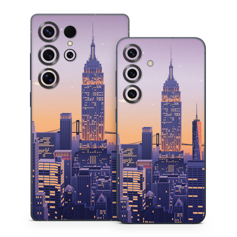 Samsung Galaxy S25 Series Skin design of Skyscraper, Building, Sky, Atmosphere, Moon, World, Nature, Tower, Afterglow, Dusk, with blue, purple, yellow, orange colors