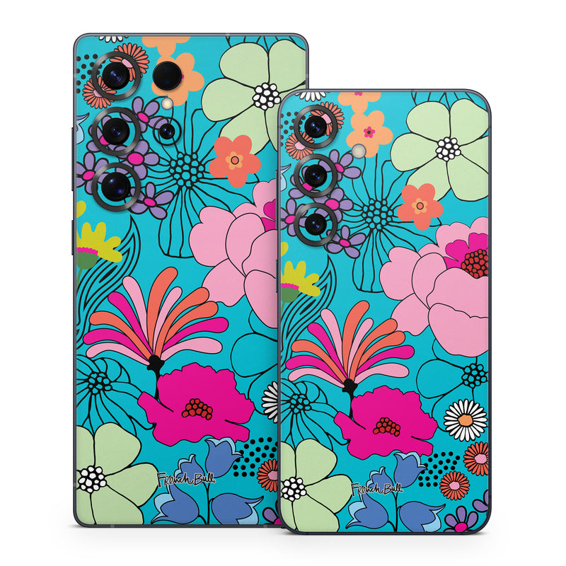 Samsung Galaxy S25 Series Skin design of Flower, Green, Azure, Nature, Botany, Petal, Blue, Textile, Pink, Art, with blue, pink, yellow, orange, red, purple, green colors
