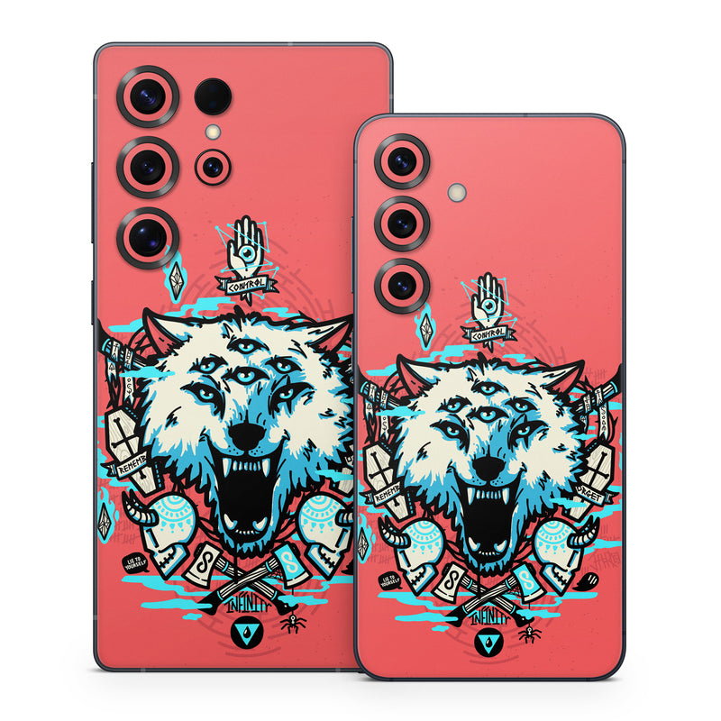 Samsung Galaxy S25 Series Skin design of Graphic design, Illustration, Crest, Logo, T-shirt, Symbol, Font, Graphics, Emblem, Pattern, with red, blue, black, gray colors