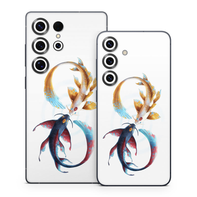 Samsung Galaxy S25 Series Skin design of Marine invertebrates, Art, Wing, Feather, Tree, Beak, Electric blue, Fish, Natural material, Painting, with white, black, yellow, orange, red, blue colors