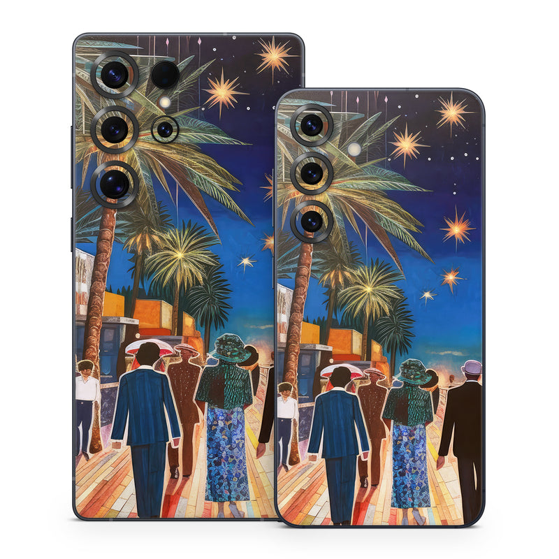 Samsung Galaxy S25 Series Skin design of Photograph, Sky, World, Light, Tree, Leisure, Line, Fun, Travel, People, with blue, black, yellow, orange, red, green, brown, black colors