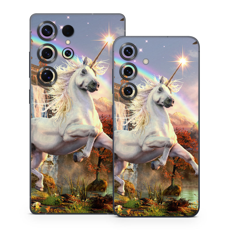 Samsung Galaxy S25 Series Skin design of Nature, Unicorn, Fictional character, Sky, Mythical creature, Mythology, Cg artwork, Horse, Mane, Wildlife, with black, gray, red, green, blue colors