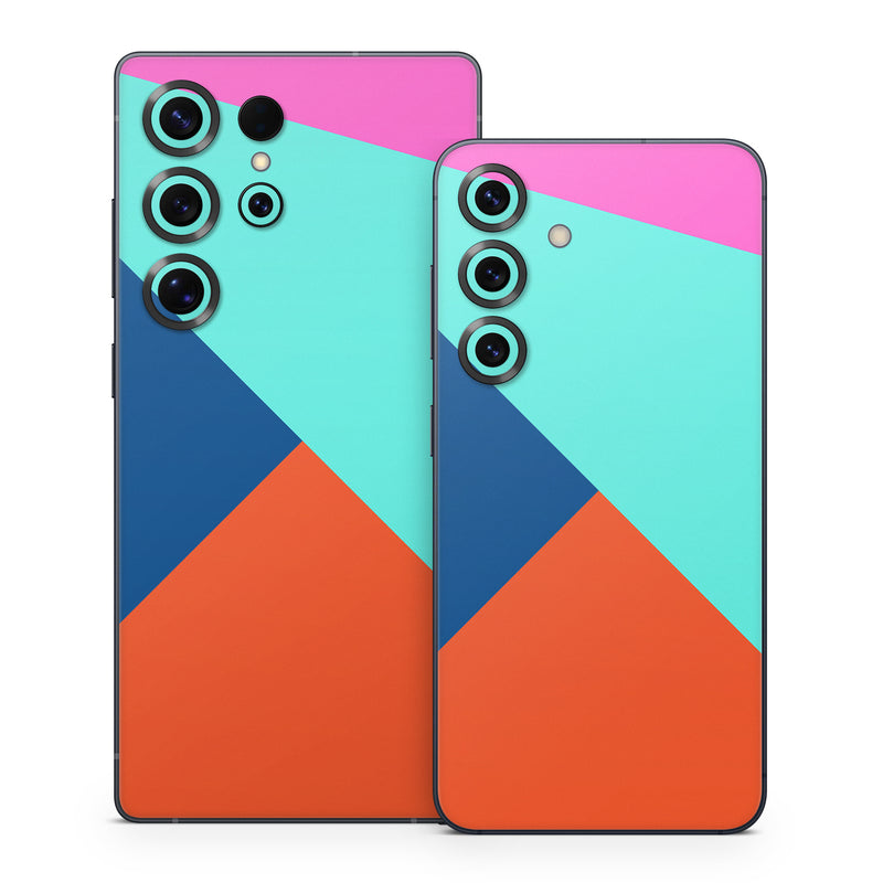 Samsung Galaxy S25 Series Skin design of Blue, Colorfulness, Turquoise, Line, Azure, Triangle, Pattern, Graphic design, Magenta, with blue, pink, orange, red colors