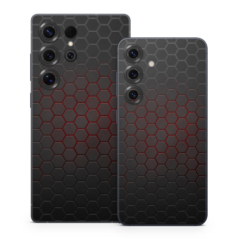 Samsung Galaxy S25 Series Skin design of Black, Pattern, Metal, Design, Mesh, Carbon, Space, Wallpaper, with black, red colors