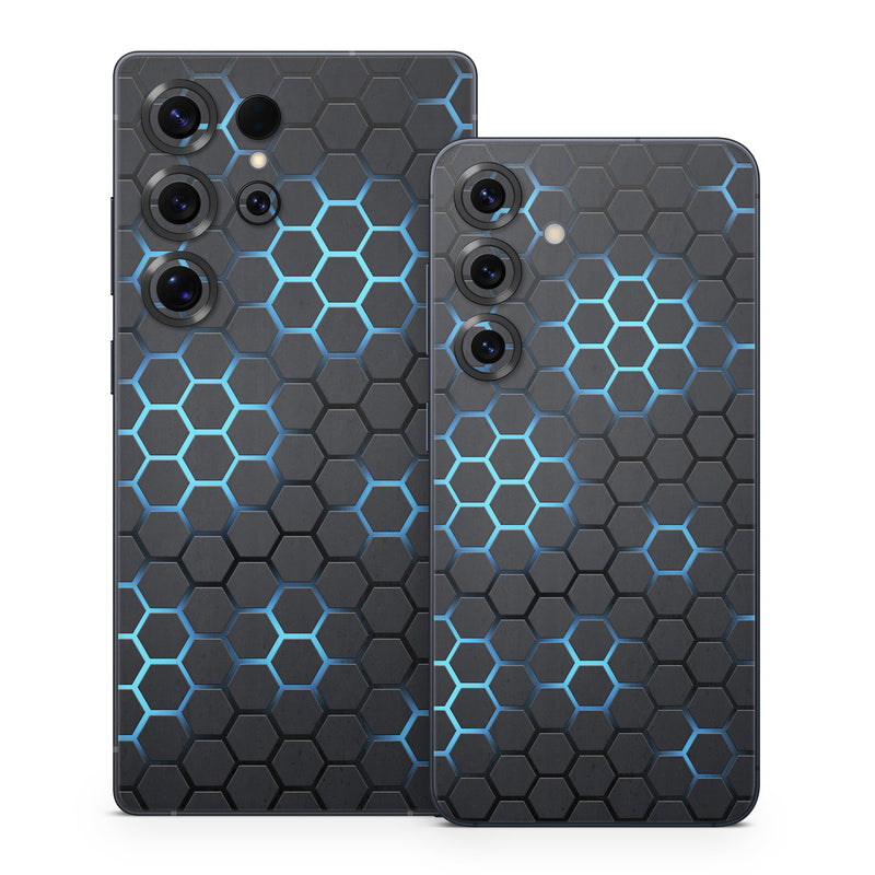 Samsung Galaxy S25 Series Skin design of Pattern, Water, Design, Circle, Metal, Mesh, Sphere, Symmetry, with black, gray, blue colors