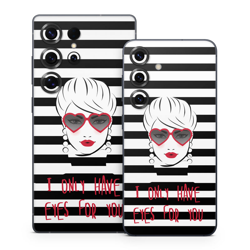 Samsung Galaxy S25 Series Skin design of Rectangle, Font, Gesture, Eyewear, Art, Technology, Personal protective equipment, Goggles, Logo, Eyelash, with black, white, yellow, red colors