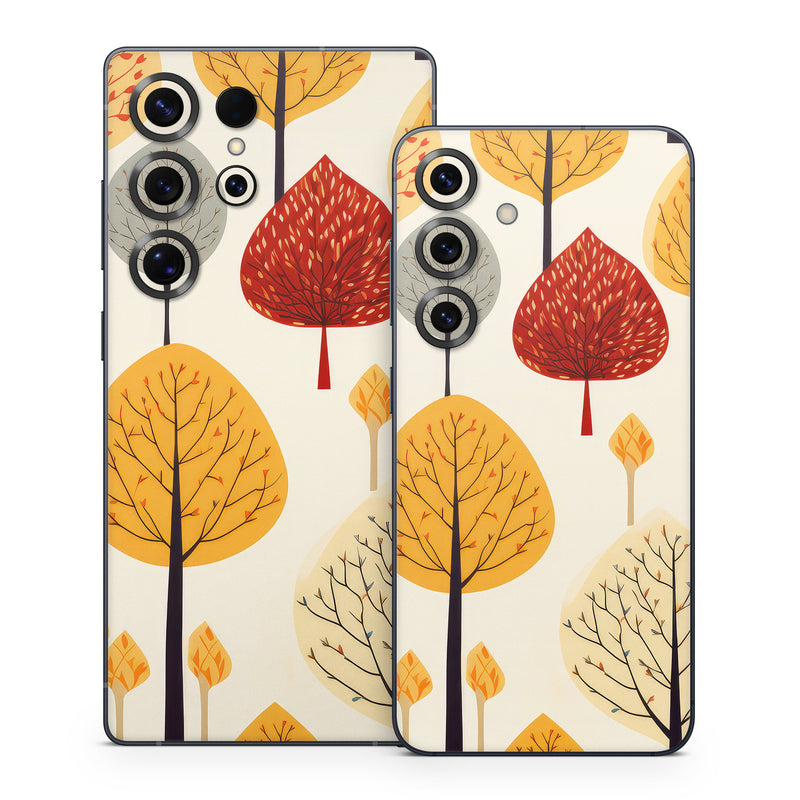 Samsung Galaxy S25 Series Skin design of Plant, Leaf, Botany, Nature, Organism, Yellow, Tree, Woody plant, Terrestrial plant, Adaptation, with yellow, orange, red, black, brown colors