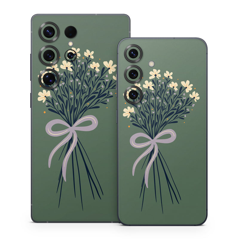 Samsung Galaxy S25 Series Skin design of Flower, Plant, Twig, Tree, Art, Pedicel, Flowering plant, Grass, Petal, Illustration, with green, yellow, white, purple colors