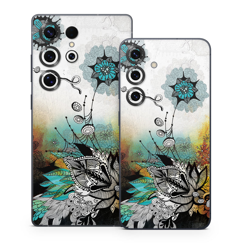 Samsung Galaxy S25 Series Skin design of Graphic design, Illustration, Art, Design, Visual arts, Floral design, Font, Graphics, Modern art, Painting, with black, gray, red, green, blue colors