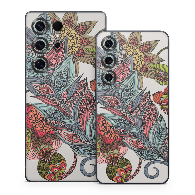 Samsung Galaxy S25 Series Skin design of Botany, Plant, Leaf, Pattern, Flower, Illustration, Design, Motif, Protea family, Flowering plant, with green, blue, pink, red, yellow, orange, gray, brown colors