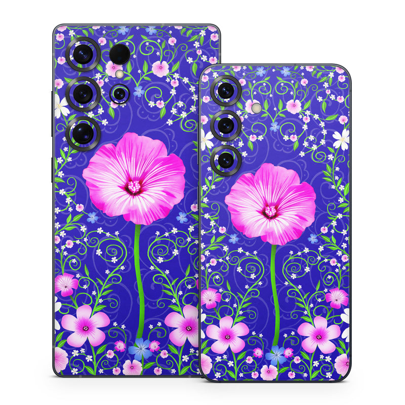 Samsung Galaxy S25 Series Skin design of Purple, Violet, Flower, Plant, Wildflower, Pattern, Petal, Design, Graphics, Morning glory, with blue, purple, pink, green, white, yellow colors