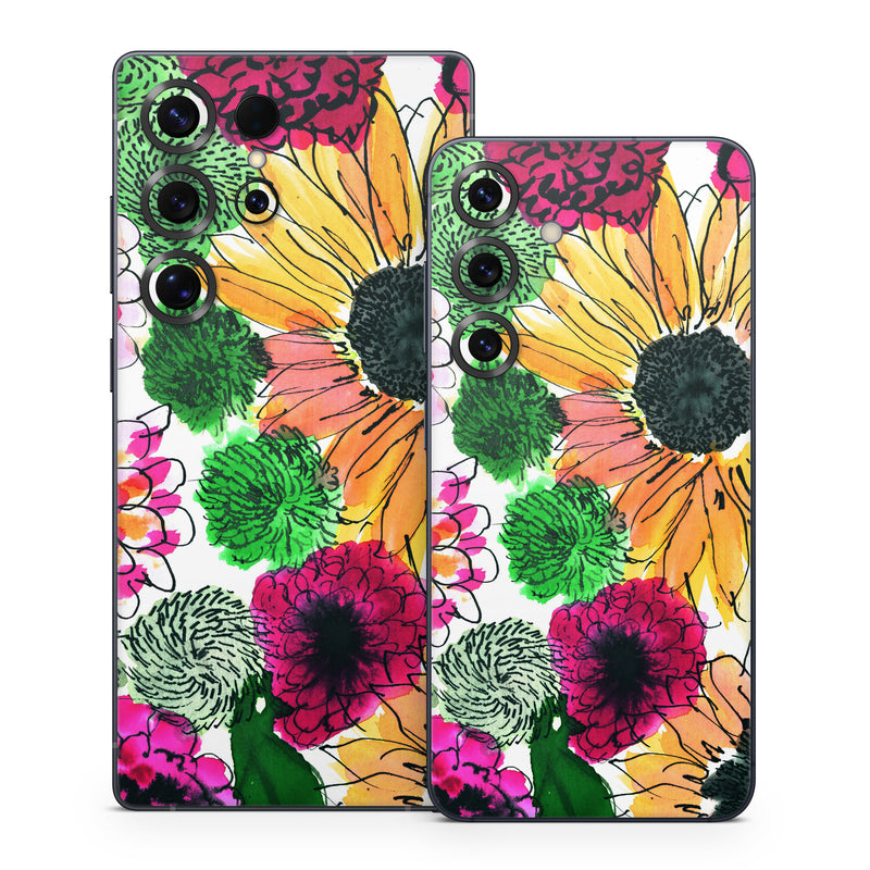 Samsung Galaxy S25 Series Skin design of Flower, Floral design, Plant, Gazania, african daisy, Petal, Pattern, Botany, Wildflower, Design, with red, yellow, green, pink, black colors