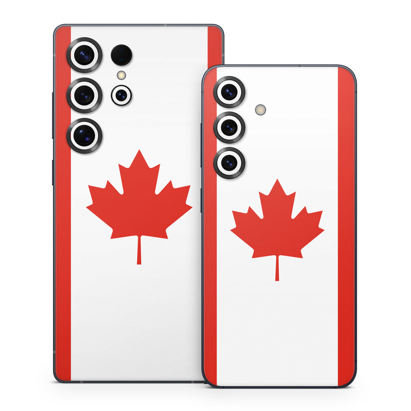 Samsung Galaxy S25 Series Skin design of Red, Maple leaf, Tree, Leaf, Woody plant, Flag, Plant, Plane, Red flag, Maple, with red, white colors