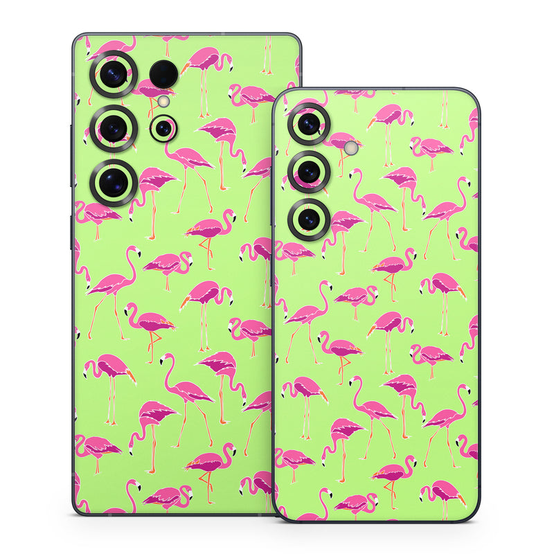 Samsung Galaxy S25 Series Skin design of Pink, Green, Red, Pattern, Wrapping paper, Textile, Design, Flamingo, Line, with pink, green colors