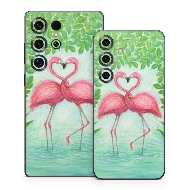 Samsung Galaxy S25 Series Skin design of Flamingo, Greater flamingo, Bird, Water bird, Pink, Illustration, Watercolor paint, Organism, Drawing, Stork, with pink, blue, green colors