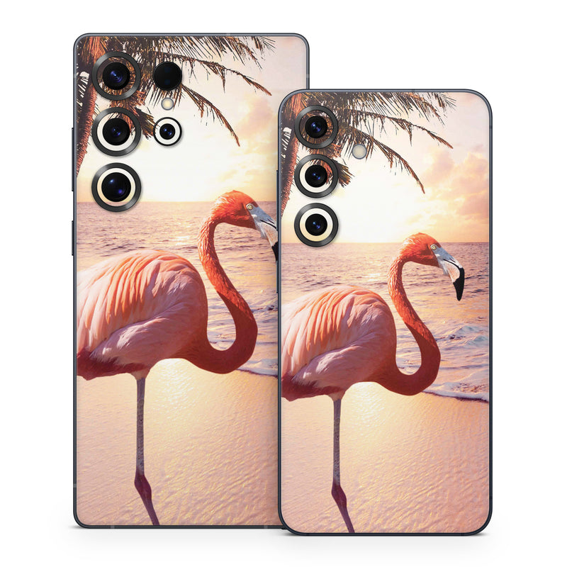 Samsung Galaxy S25 Series Skin design of Flamingo, Greater flamingo, Bird, Water bird, Pink, Wildlife, Sky, Tree, Organism, Beak, with pink, blue, green, yellow, white, orange, black colors