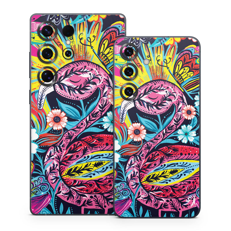 Samsung Galaxy S25 Series Skin design of Psychedelic art, Pattern, Visual arts, Art, Design, Textile, Illustration, Plant, Graphic design, Drawing, with pink, yellow, black, blue, white colors
