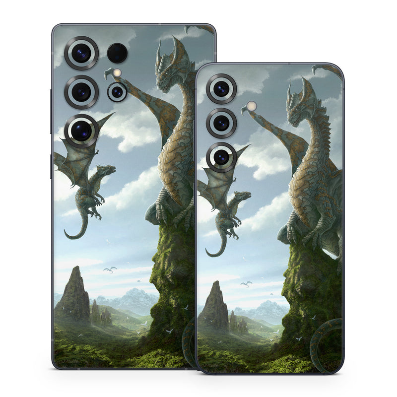 Samsung Galaxy S25 Series Skin design of Dragon, Cg artwork, Fictional character, Mythical creature, Mythology, Extinction, Cryptid, Illustration, Games, Massively multiplayer online role-playing game, with black, gray, blue, white, purple colors