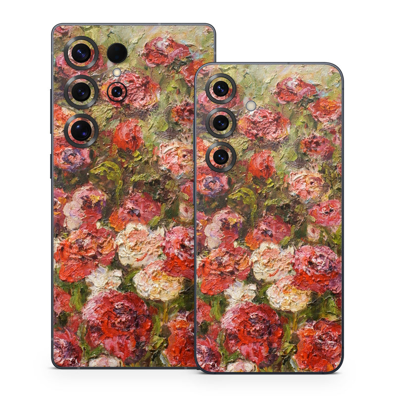 Samsung Galaxy S25 Series Skin design of Flower, Garden roses, Rose, Plant, Floribunda, Flowering plant, Rosa × centifolia, Rose family, Botany, Petal, with red, black, green, gray colors