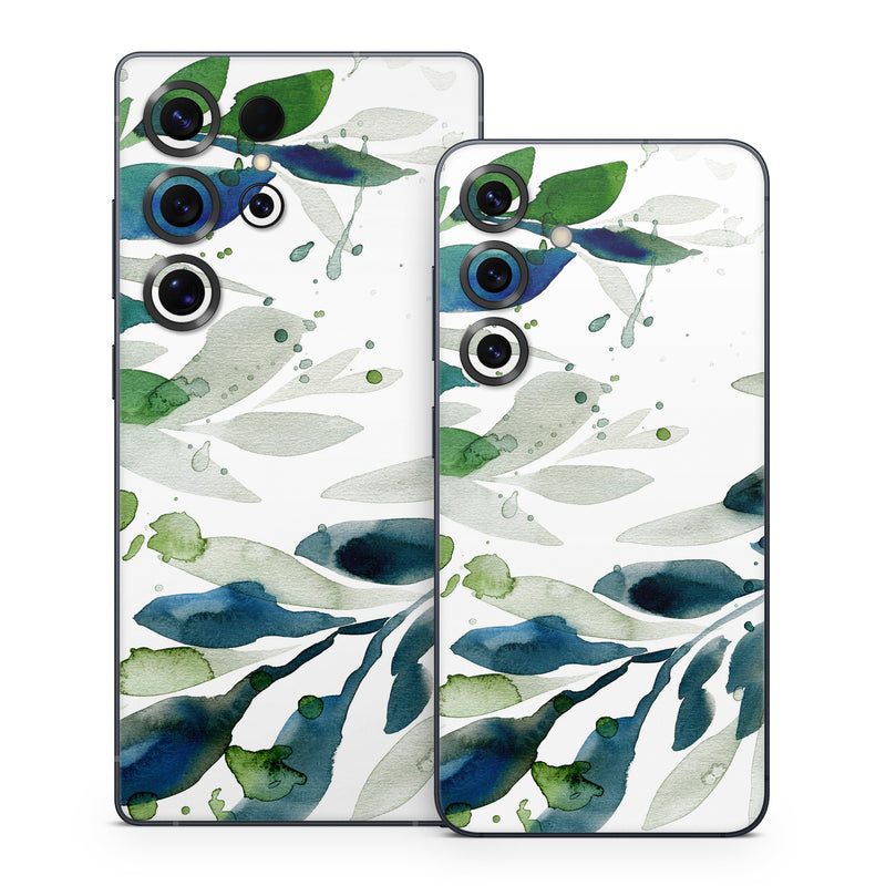 Samsung Galaxy S25 Series Skin design of Leaf, Branch, Plant, Tree, Botany, Flower, Design, Eucalyptus, Pattern, Watercolor paint, with white, blue, green, gray colors