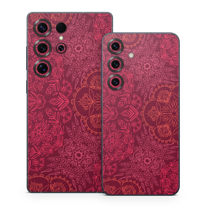 Samsung Galaxy S25 Series Skin design of Red, Pattern, Pink, Magenta, Purple, Maroon, Violet, Textile, Design, Wallpaper, with red, black colors
