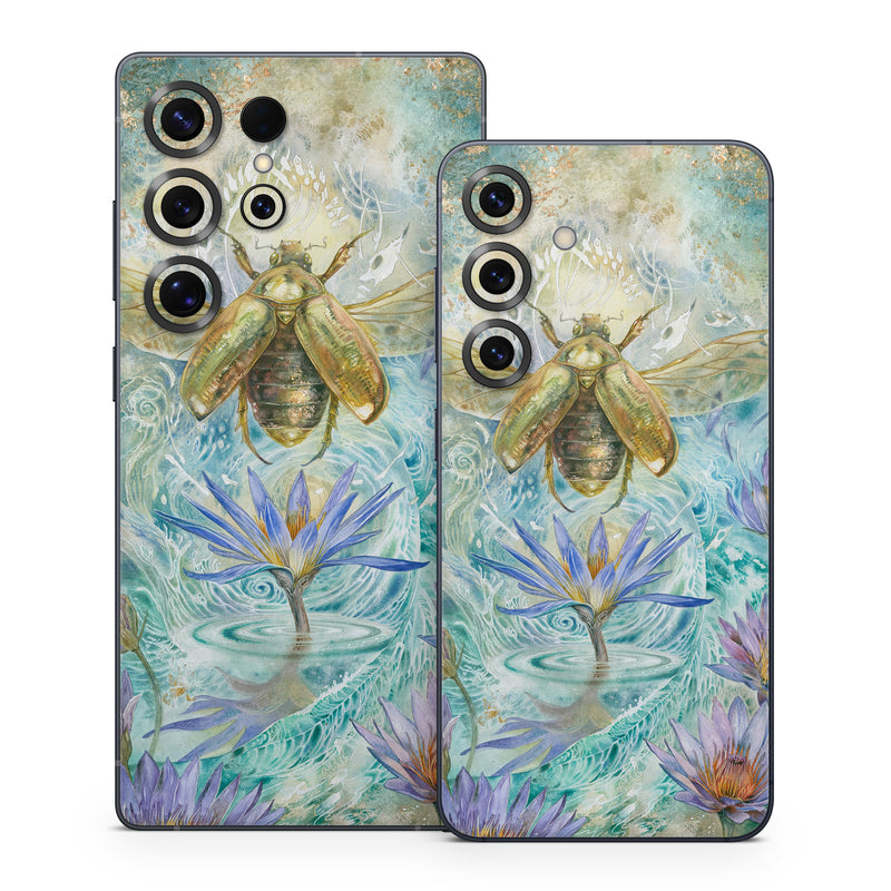 Samsung Galaxy S25 Series Skin design of Painting, Fictional character, Art, Flower, Watercolor paint, Plant, Wildflower, Angel, Honeybee, Mythology, with blue, yellow, brown, purple, red, white colors
