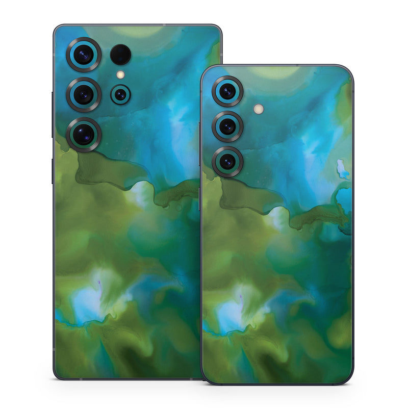 Samsung Galaxy S25 Series Skin design of Aqua, Blue, Green, Painting, Turquoise, Teal, Water, Acrylic paint, Art, Organism, with blue, green colors