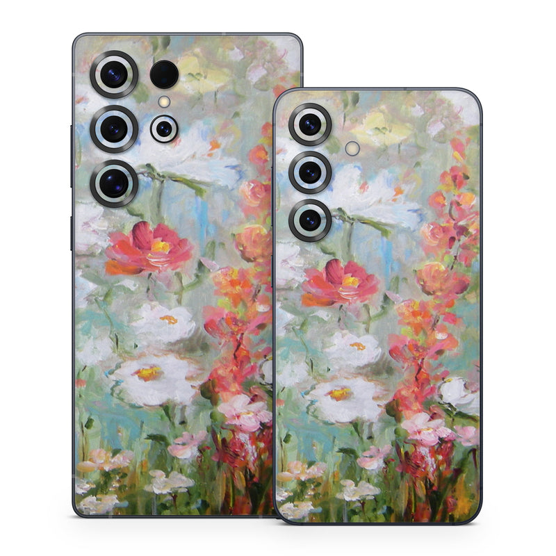 Samsung Galaxy S25 Series Skin design of Flower, Painting, Watercolor paint, Plant, Modern art, Wildflower, Botany, Meadow, Acrylic paint, Flowering plant, with gray, black, green, red, blue colors