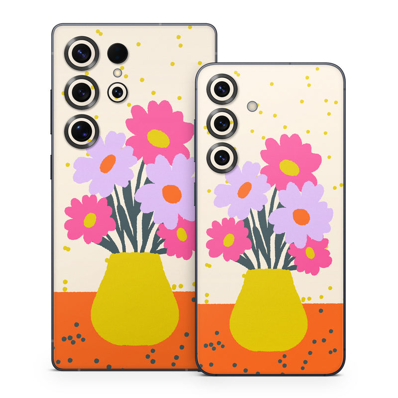 Samsung Galaxy S25 Series Skin design of Flower, Plant, Vase, Flowerpot, Petal, Happy, People in nature, Liquid, Font, Art, with white, orange, pink, purple, yellow colors