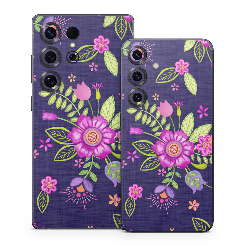 Samsung Galaxy S25 Series Skin design of Pink, Pattern, Magenta, Purple, Violet, Floral design, Lilac, Textile, Visual arts, Pedicel, with black, gray, purple, green, blue colors