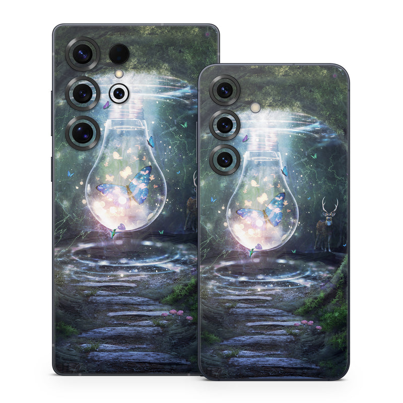Samsung Galaxy S25 Series Skin design of Nature, Green, Darkness, Natural environment, Light, Infrastructure, Tunnel, Tree, Forest, Art, with white, black, brown, green, blue, yellow colors