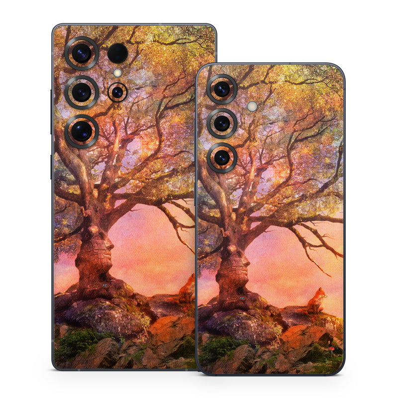 Samsung Galaxy S25 Series Skin design of Nature, Tree, Sky, Natural landscape, Branch, Leaf, Woody plant, Trunk, Landscape, Plant, with pink, red, black, green, gray, orange colors