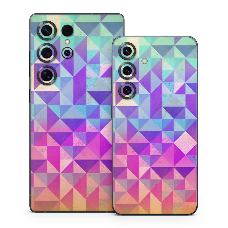 Samsung Galaxy S25 Series Skin design of Pattern, Purple, Triangle, Violet, Magenta, Line, Design, Symmetry, Psychedelic art, with gray, purple, green, blue, pink colors