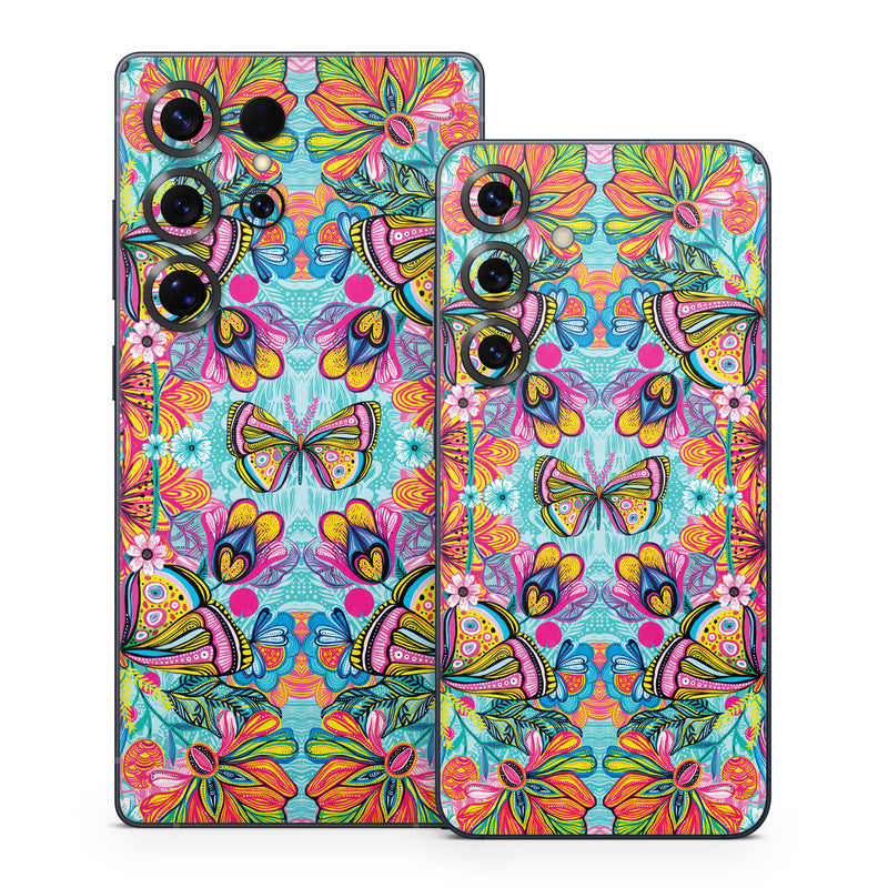 Samsung Galaxy S25 Series Skin design of Pattern, Design, Textile, Psychedelic art, Visual arts, Symmetry, Art, Motif, with blue, pink, green, yellow, orange, purple colors