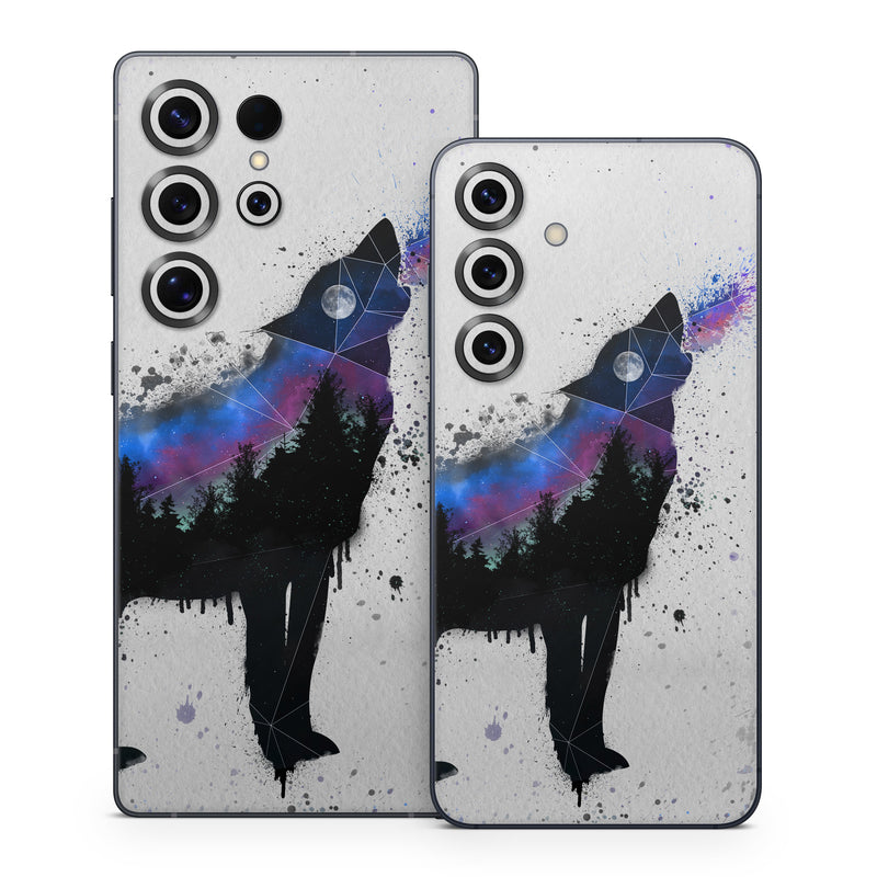 Samsung Galaxy S25 Series Skin design of Canidae, Art, Illustration, Watercolor paint, Dog, Graphic design, Street art, Acrylic paint, Painting, Visual arts, with gray, white, blue, black, green, purple colors