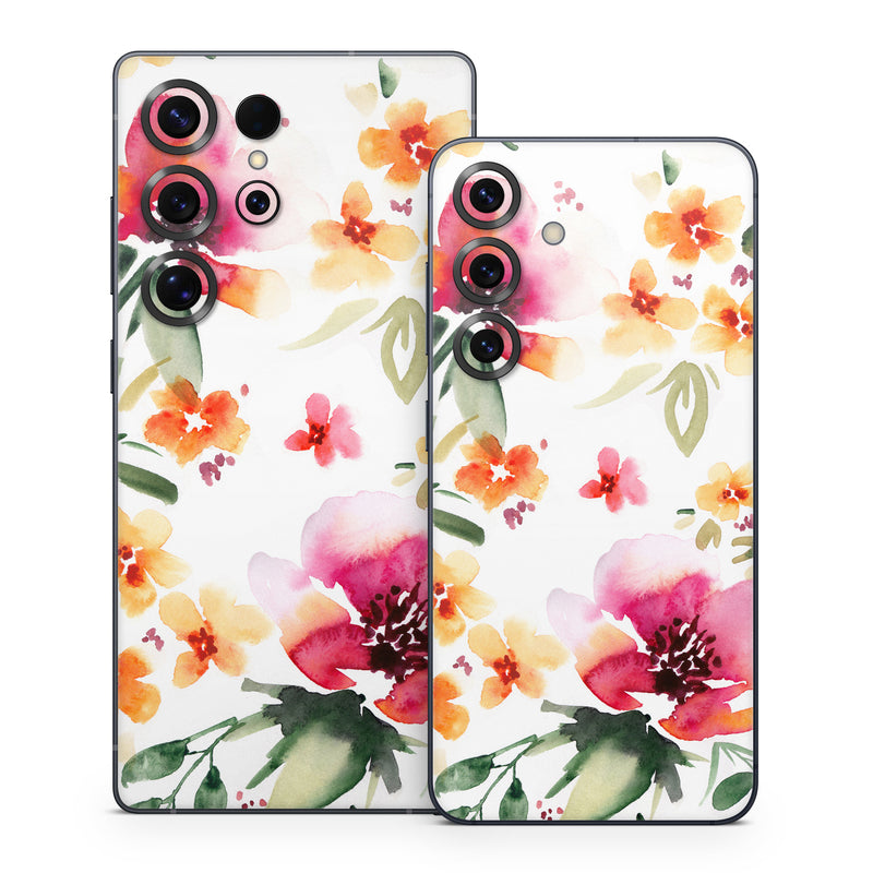 Samsung Galaxy S25 Series Skin design of Flower, Floral design, Pink, Pattern, Petal, Plant, Botany, Design, Wildflower, Clip art, with white, pink, red, orange, green colors