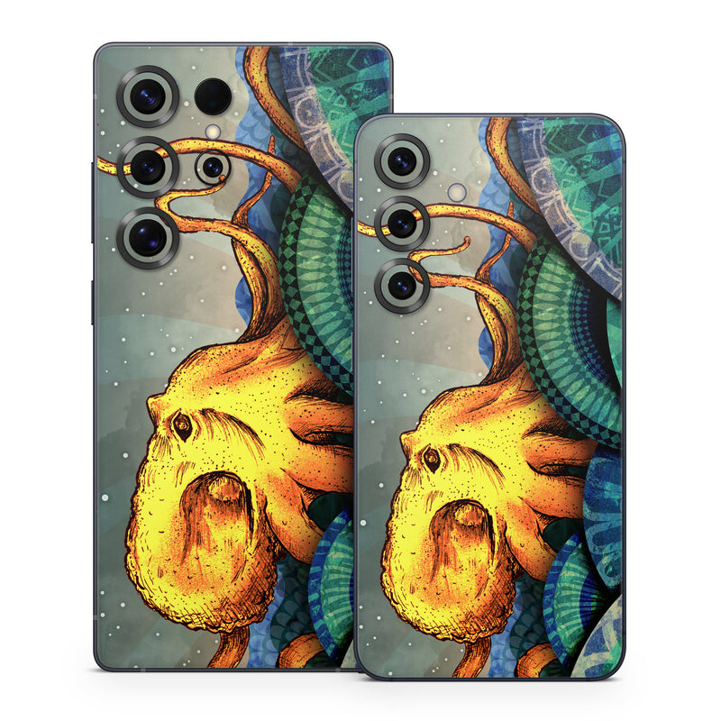 Samsung Galaxy S25 Series Skin design of Illustration, Fractal art, Art, Cg artwork, Sky, Organism, Psychedelic art, Graphic design, Graphics, Octopus, with black, gray, blue, green, red colors