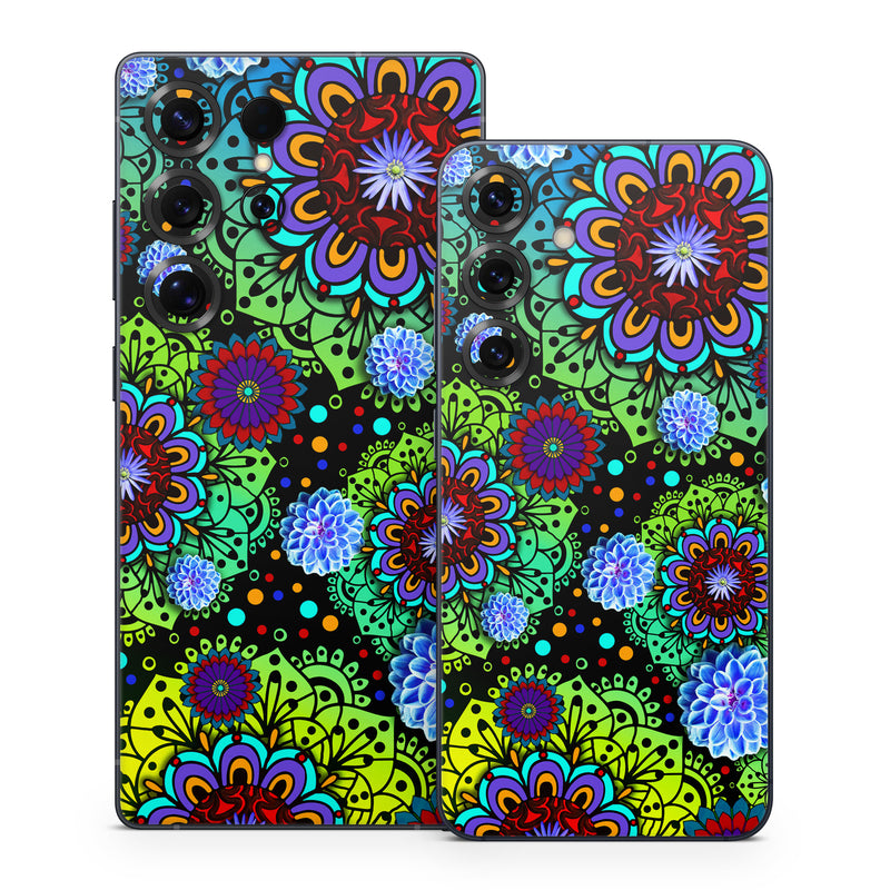 Samsung Galaxy S25 Series Skin design of Pattern, Psychedelic art, Design, Flower, Art, Visual arts, Floral design, Plant, Textile, Symmetry, with black, blue, green, purple colors