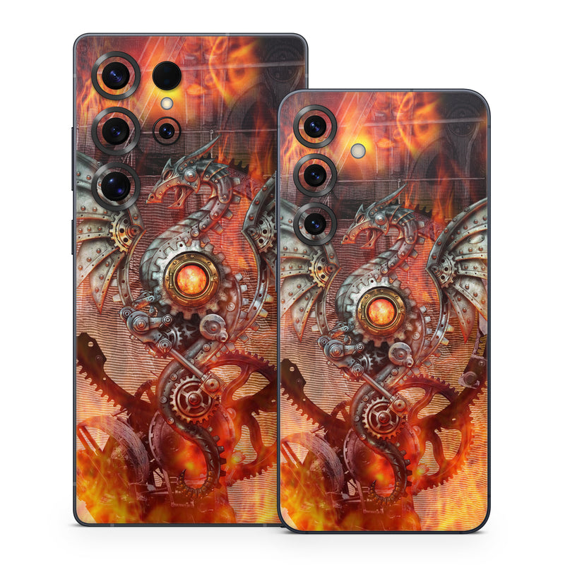 Samsung Galaxy S25 Series Skin design of Dragon, Demon, Cg artwork, Illustration, Fictional character, Fractal art, Flame, Art, Mythology, Supernatural creature, with red, black, orange, pink, green colors