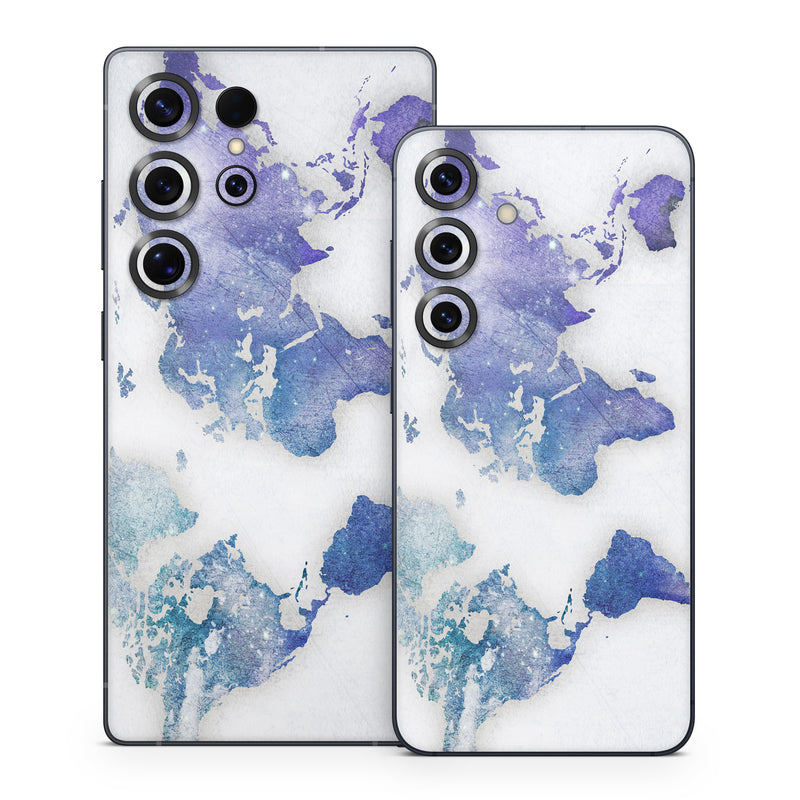Samsung Galaxy S25 Series Skin design of World, Map, Watercolor paint, Illustration, with white, blue, purple colors