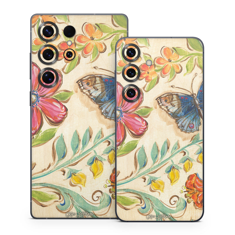 Samsung Galaxy S25 Series Skin design of Butterfly, Moths and butterflies, Insect, Pollinator, Plant, Pattern, Watercolor paint, Wildflower, Visual arts, Brush-footed butterfly, with gray, pink, green, red, orange, blue colors
