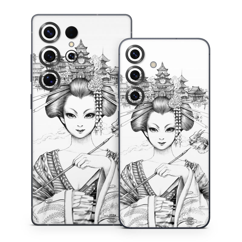 Samsung Galaxy S25 Series Skin design of Illustration, Head, Hairstyle, Line art, Art, Fashion illustration, Drawing, Coloring book, Black-and-white, Clip art, with black, white, gray colors