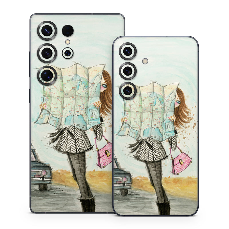 Samsung Galaxy S25 Series Skin design of Fashion illustration, Sketch, Watercolor paint, Illustration, Drawing, Art, Footwear, Vehicle, Painting, Fashion design, with blue, black, gray, white, pink, brown, green, orange, yellow colors