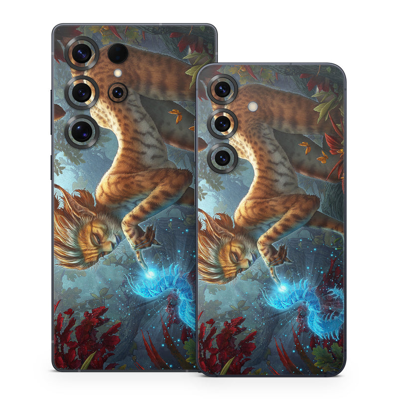 Samsung Galaxy S25 Series Skin design of Fictional character, Mythology, Illustration, Cg artwork, Sky, Organism, Dragon, Felidae, Mythical creature, Art, with yellow, red, black, green, blue colors