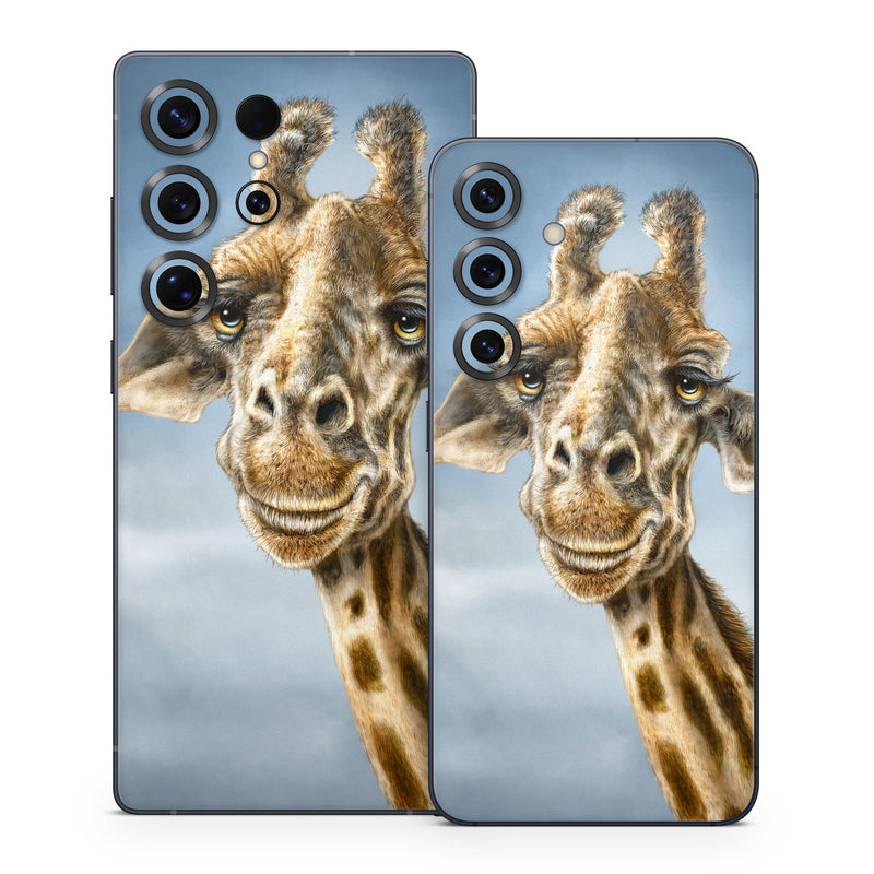 Samsung Galaxy S25 Series Skin design of Giraffe, Giraffidae, Terrestrial animal, Wildlife, Head, Snout, Organism, Adaptation, Close-up, Neck, with gray, black, blue, green colors