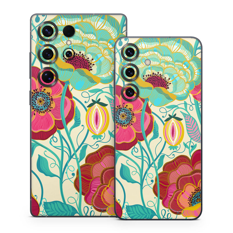 Samsung Galaxy S25 Series Skin design of Plant, Botany, Textile, Pink, Creative arts, Petal, Magenta, Art, Pattern, Rectangle, with white, red, pink, yellow, green, blue, black colors